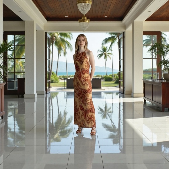 Silk  Halter Maxi Dress with beading on neckline - Picture 2 of 15